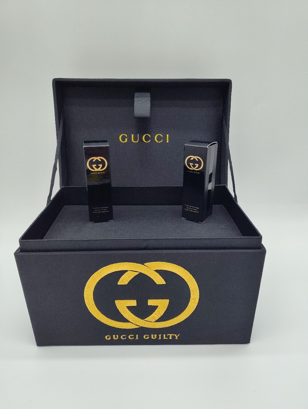 GUCCI Guilty Black Gold Presentation Box With Tray 2 Body Oils Gift Set NWOT NWT
